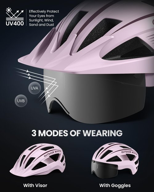 OutdoorMaster Helmets for Adults - Mountain & Road Bike Helmet with Rechargeable Safety Light, Detachable Goggles and Sun Visor - Easy to Adjust, Breathable, Lightweight - Medium
