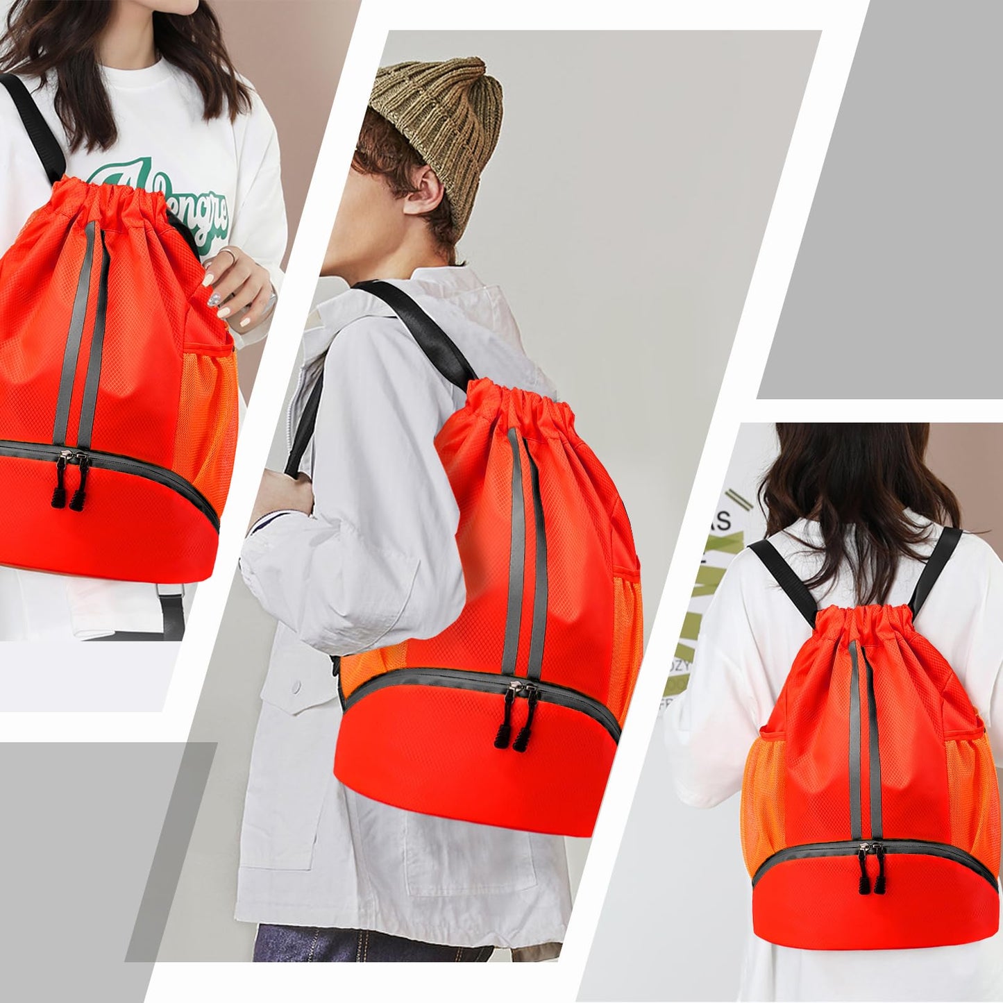 Hoedia Sports Drawstring Backpack - String Swim Gym Bag with Shoes Compartment and Wet Proof Pocket for Women&Men (Red)