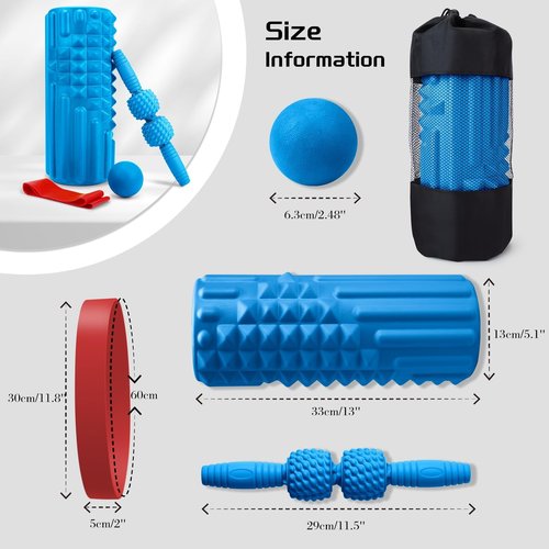 Krightlink 5-in-1 Foam Roller Set, Massage Roller Stick, Massage Ball, Resistance Band for Deep Muscle Massage, Trigger Point Release, Pilates, Yoga (Blue)