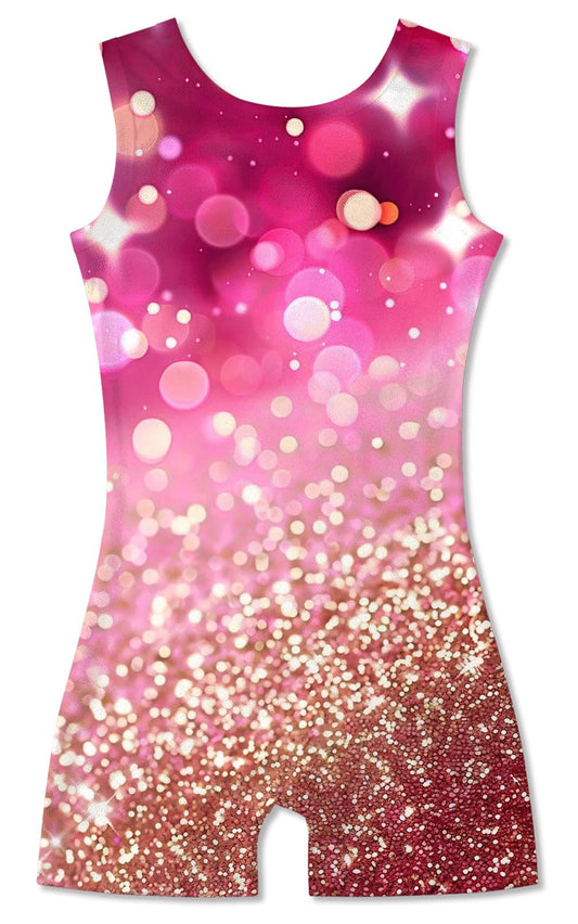 Funnycokid Gymnastics Leotards for Girls Sparkly Outfits Dance Clothes Unitards with Shorts, Diamond Pink Gold, 9-10 Years
