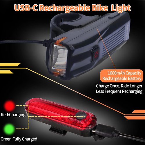 KunHe 2 Pack 227Lumens 1600mAh Bike Light Set Rechargeable Front & Rear Bicycle Lights with IPX5 Waterproof 4 Modes for Night Cycling