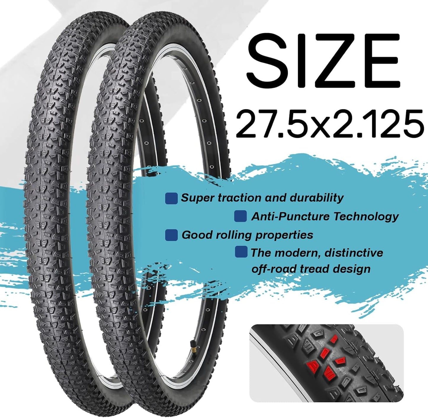 Hycline 2-Pack Mountain Bike Tires Set: 20/24/26/27.5-inch Folding Replacement Puncture-Resistant Bicycle Tires and Pair 20/24/26/27.5-inch Inner Tubes with Tire Levers for MTB Off-Road Bike