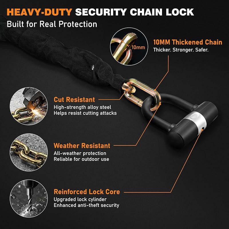Heavy Duty 10mm Motorcycle Chain Lock with U-Lock, 3.9ft, 4 Keys, Rose Gold