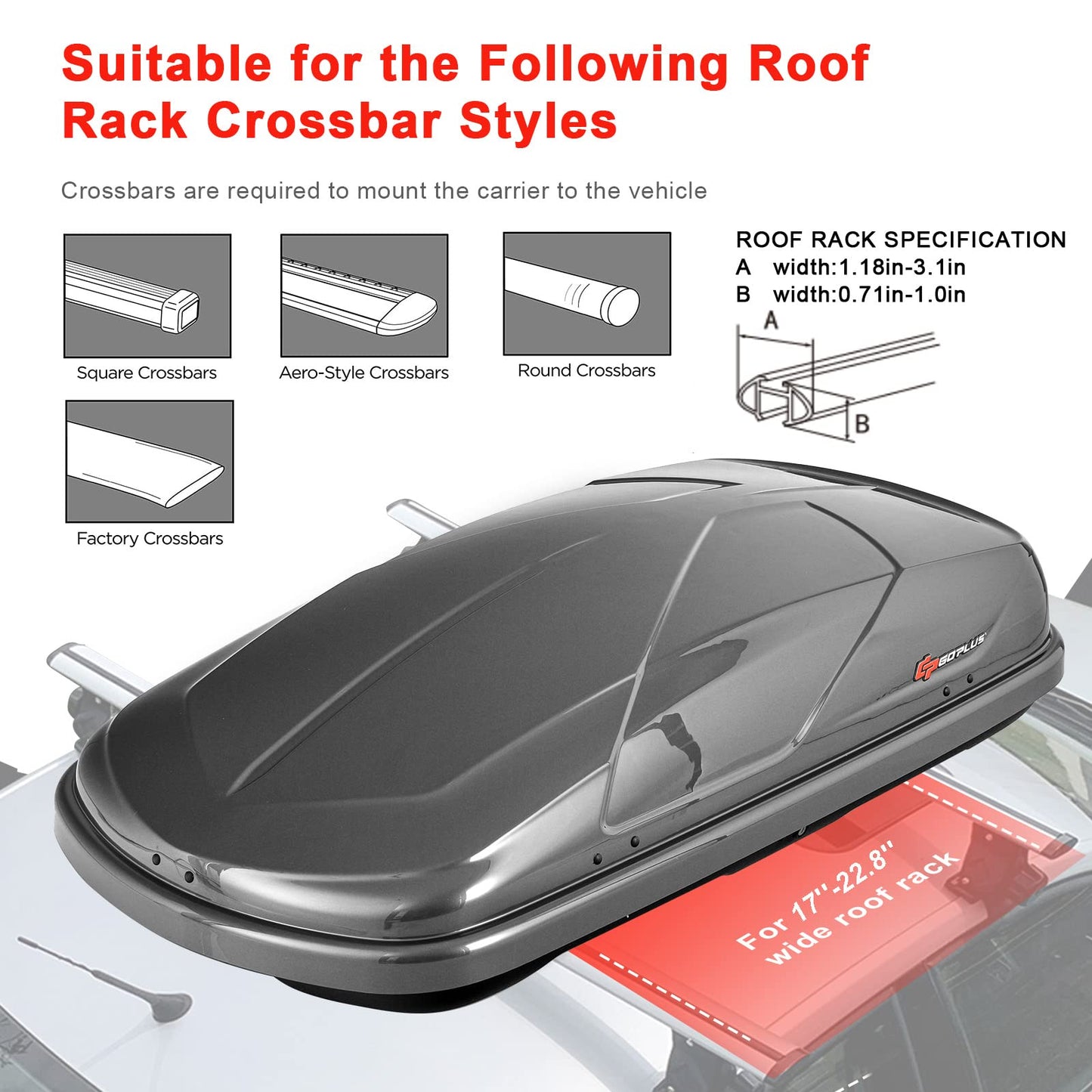 Goplus Rooftop Cargo Carrier Hard Shell, 14 Cubic Feet Waterproof Car Roof Cargo Carrier w/Dual Side Opening, Security Key, 165LBS Capacity, for 17” to 22.8” Wide Crossbar Rack, Vehicle Cargo Box
