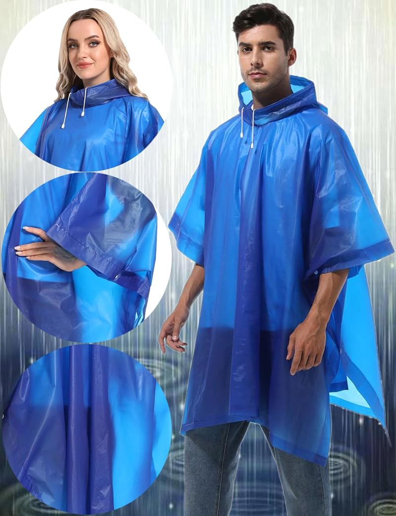 HOOMBOOM 2-Pack Reusable Rain Ponchos for Adults Blue, Lightweight EVA Emergency Rainwear