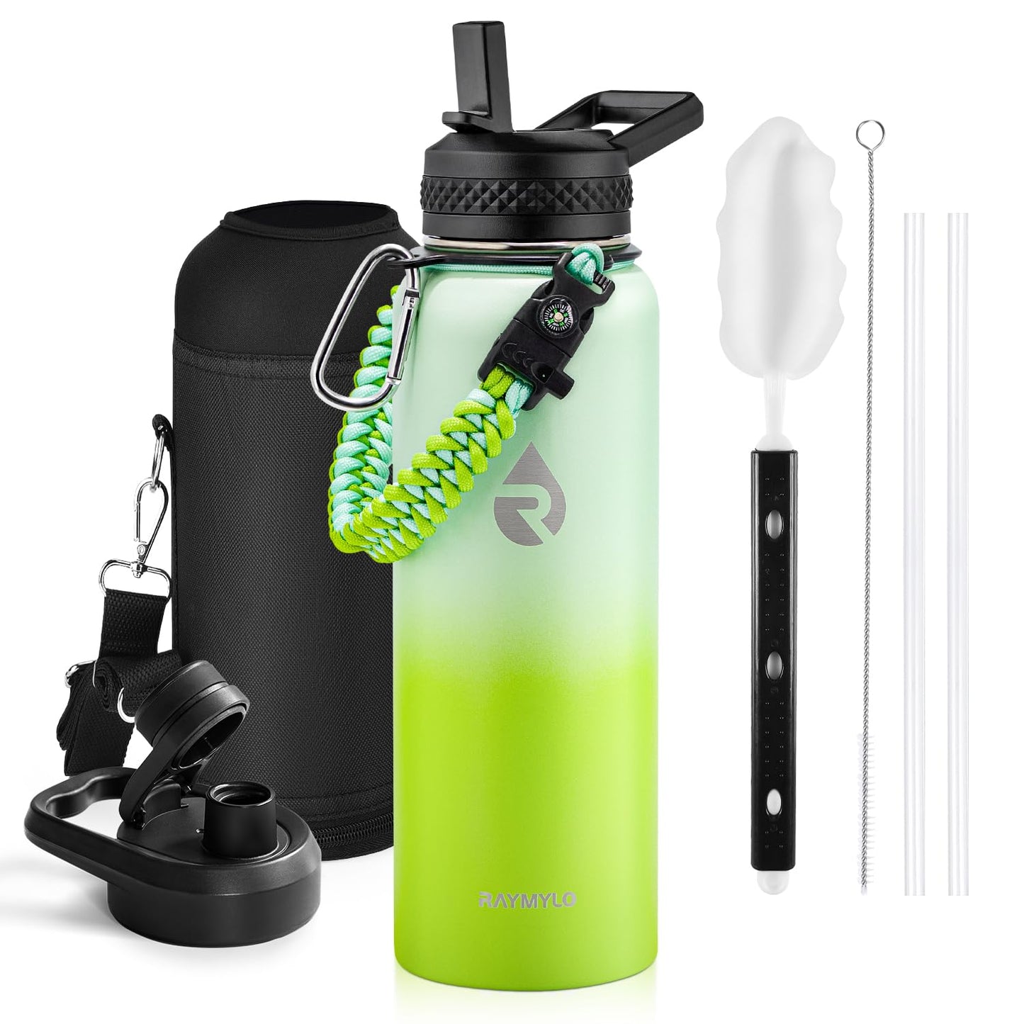 RAYMYLO Insulated Water Bottle 40 oz, Triple Wall Vacuum Stainless Steel (Cold for 36Hrs, Hot for 18Hrs), Leak Proof & Non-BPA, Modern Water Flask Jug with Paracord Handle & Straw Spout Lids