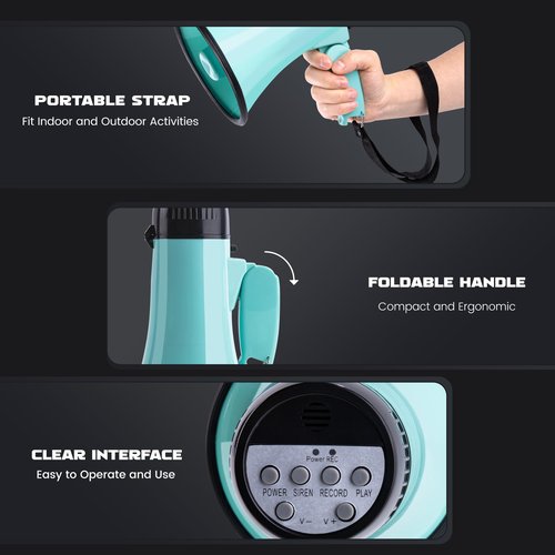MyMealivos Portable Megaphone Bullhorn 20 Watt Power Megaphone Speaker Voice and Siren/Alarm Modes with Volume Control and Strap (Teal)…