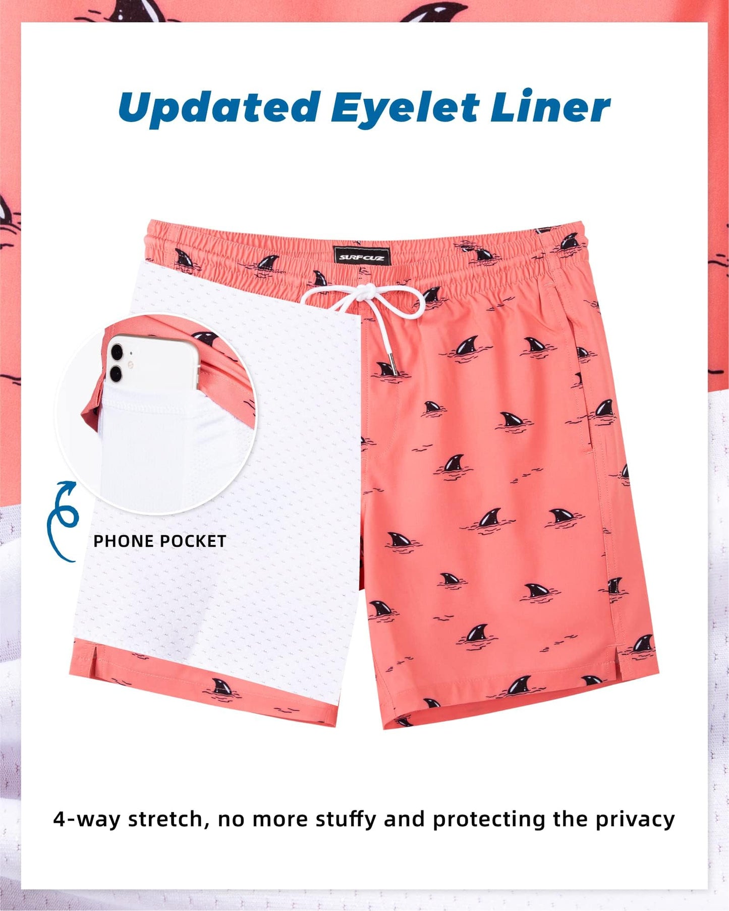 SURF CUZ Mens Swim Trunks with Compression Liner Quick Dry Swim Shorts 7" Swimming Trunks Stretch Zipper Pockets Pink Hidden Sharks Medium