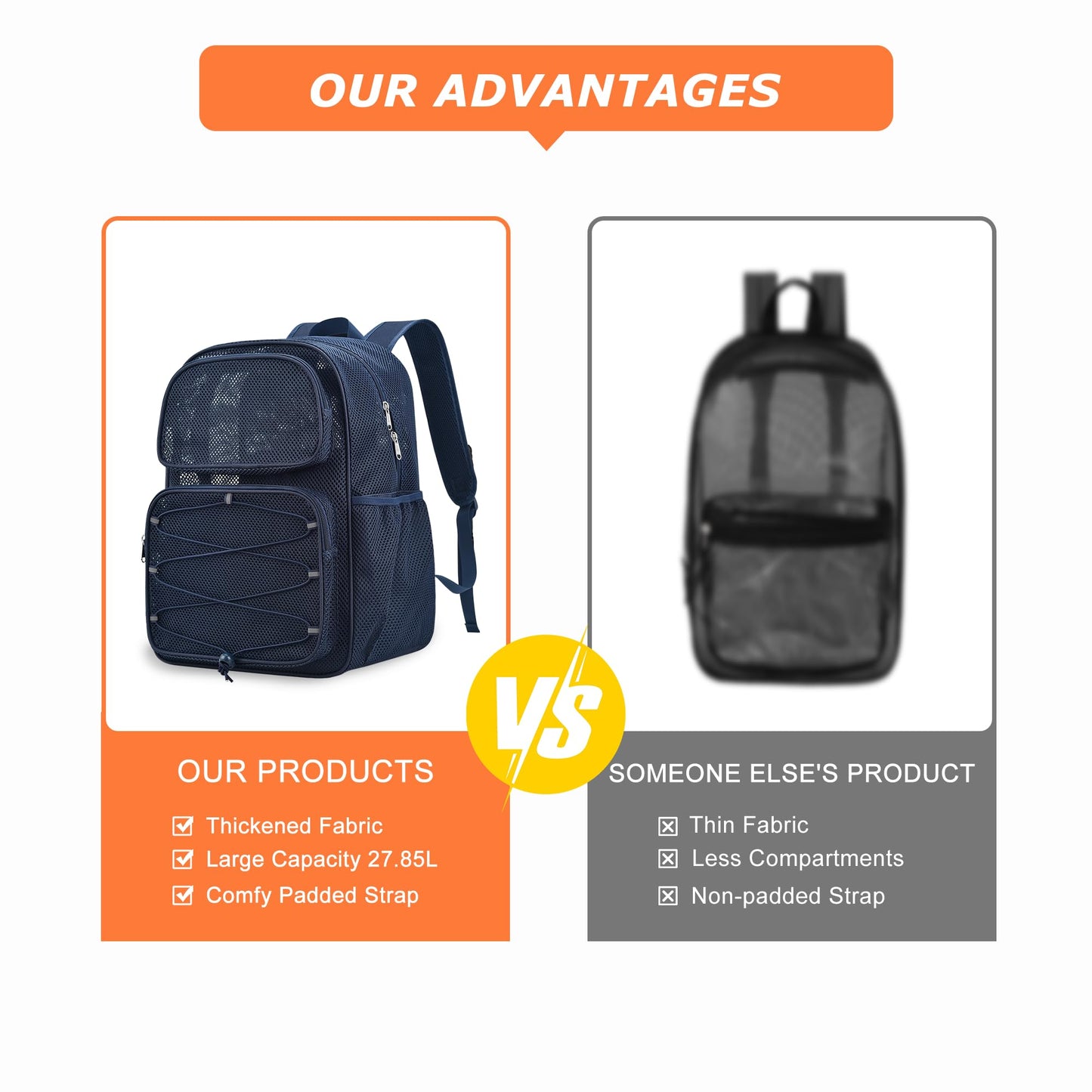 Bagenius Mesh Backpack Heavy Duty See Through Mesh Bag with Paded Strap Large Capacity for Sports Hiking Travel Outdoor Beach, Blue-30L
