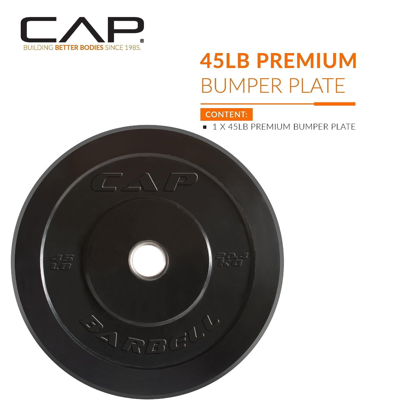 CAP Elite 45 lb Single Olympic Bumper Plate, Medium Bounce Virgin Rubber Weight Plate with Stainless Steel Anchored Hub, 2-Inch Olympic Barbell Compatible for Strength Training, Weightlifting & Home Gym Workouts.