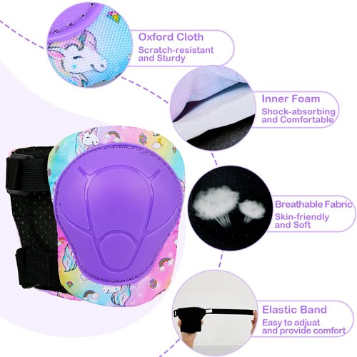 FIODAY Knee Pads for Kids Protective Gear Set Adjustable Kids Knee Pads and Elbow Pads with Wrist Guard for Girls Roller Skates Cycling Bike Skateboard Scooter Knee Pads, 3-8 Years,Rainbow Unicorn