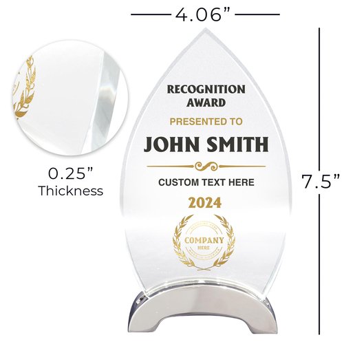 7 1/2" Personalized Glass Plaque for Awards and Trophies, Custom Award for Employee of the Month, Retirement, Leadership and Appreciation Gift F (D3)