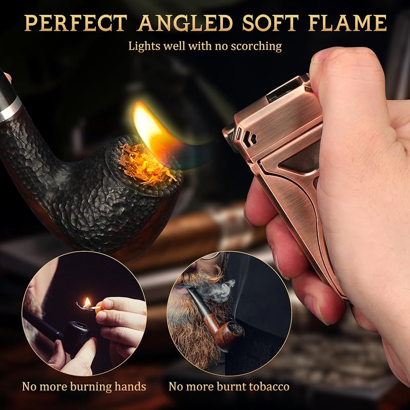 Bronze Pipe Lighter with Built-In Stand, 3-in-1 Cleaning Tools, Refillable Gas Lighter