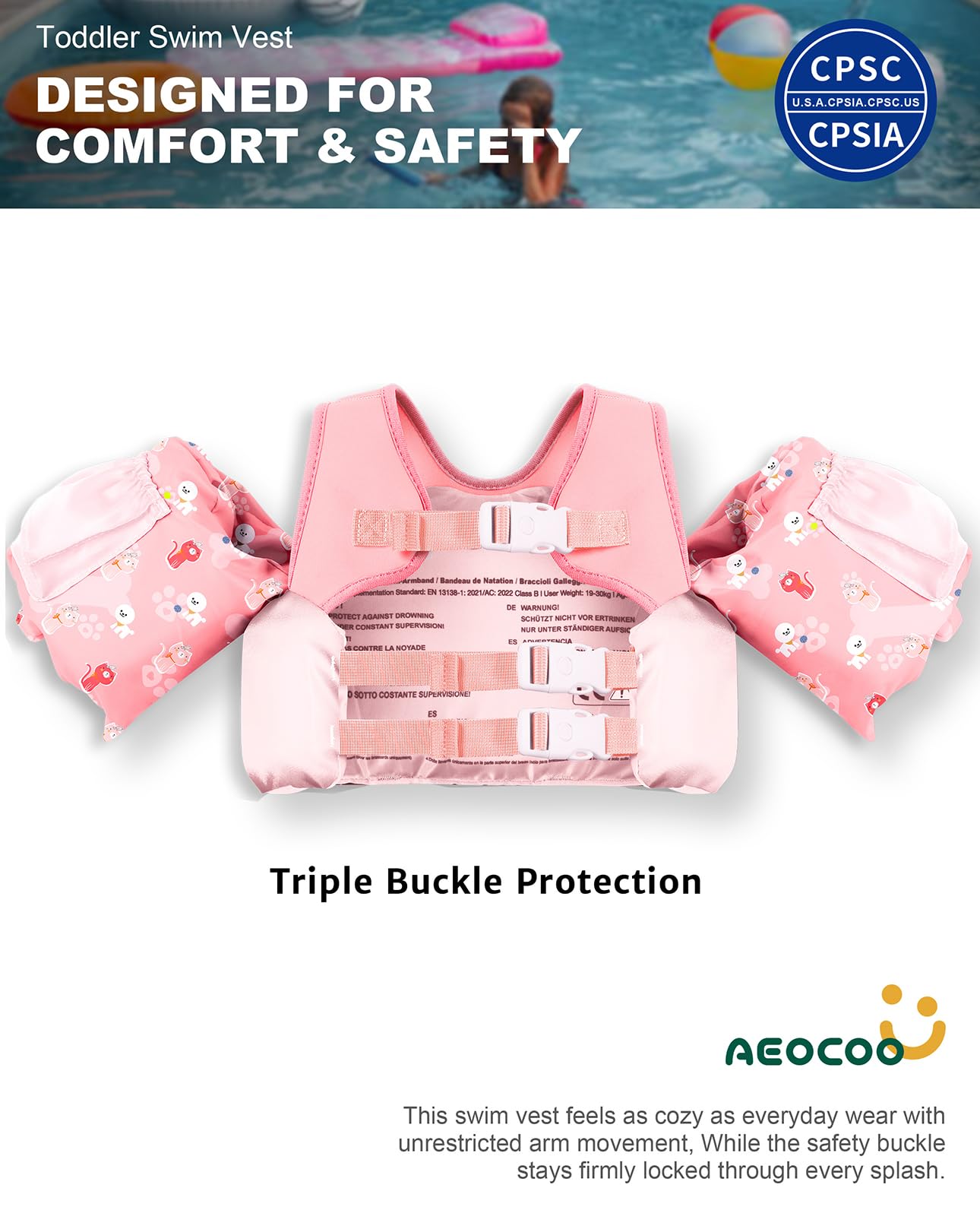 AEOCOO Puddle Float Jumper 30-50-60-66 Pounds, Toddler Swim Vest for 2-3-5-7 Years Old, Pool Floats with Swimming Arm Floaties Swim Jacket for Kids Swimmies, Boys, Girls, Niños, Puppy