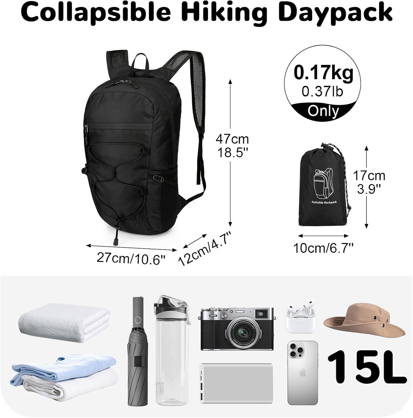 15L Small Foldable Hiking Backpack for Men Women, Packable Collapsible Daypack for Casual, Light Gray