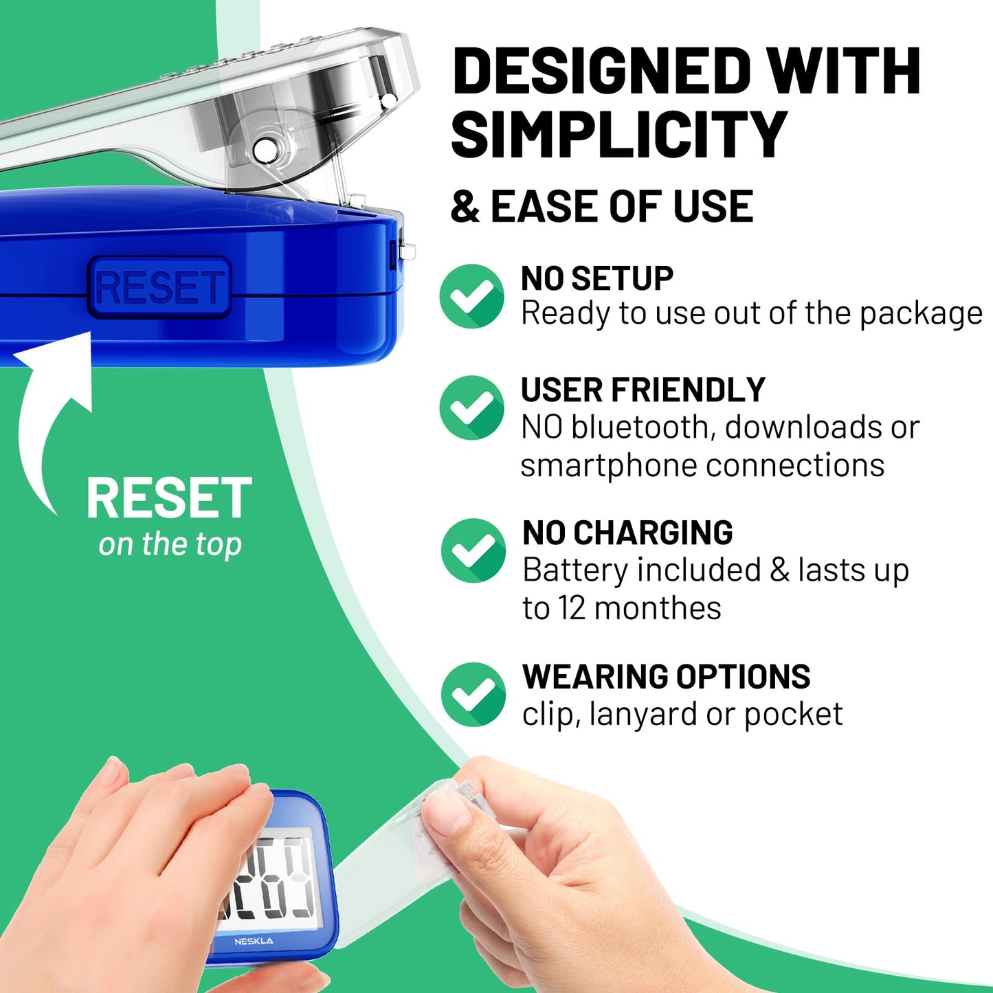 NESKLA 3D Pedometer for Walking, Simple Step Counter with Large Digital Display, Step Tracker with Removable Clip Lanyard, Accurately Track Steps for Men Women Kids Adults Seniors-Dark Blue