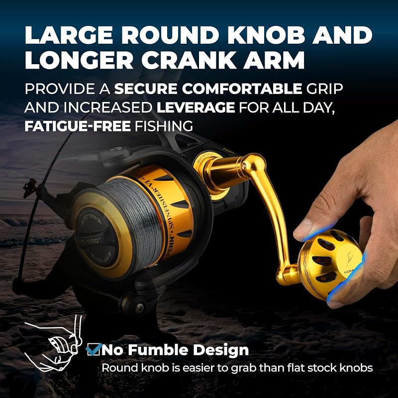 Power Handle Upgrade for Penn Spinfisher V/VI & Slammer III/IV Reels – 65mm Crank, Gold (Variation: Gold+For Slammer/Spinfisher 2500-4500 Thread)