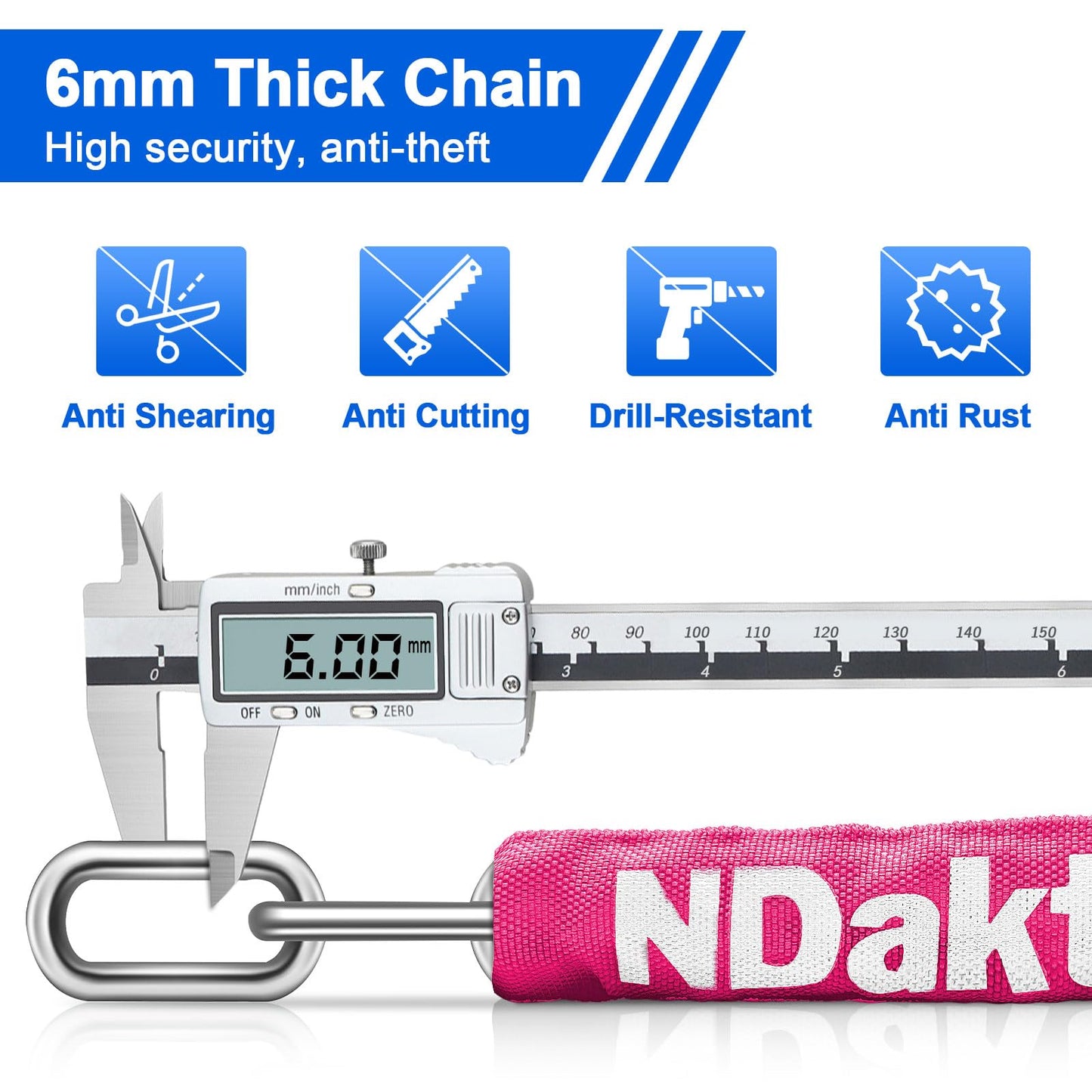 NDakter Bike Chain Lock, 5 Digit Combination Heavy Duty Anti Theft Bicycle Chain Lock,2.62/3.2/4.27/5/6Ft Long Security Resettable Bike Locks for Bike, Bicycle, Scooter, Door, Gate, Fence-4/6mm Thick