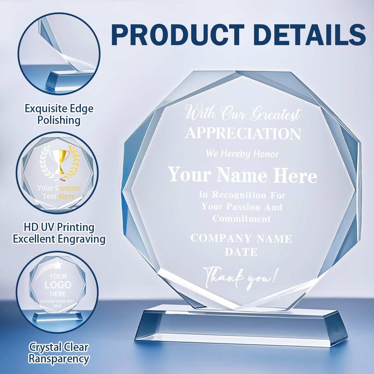 Personalized Trophy Award - Plaques Personalized Engraved - Custom Crystal Awards and Trophies for Employee Recognition, Event, Sport, Competition - Coworker Employee Appreciation Gifts (Thank You)