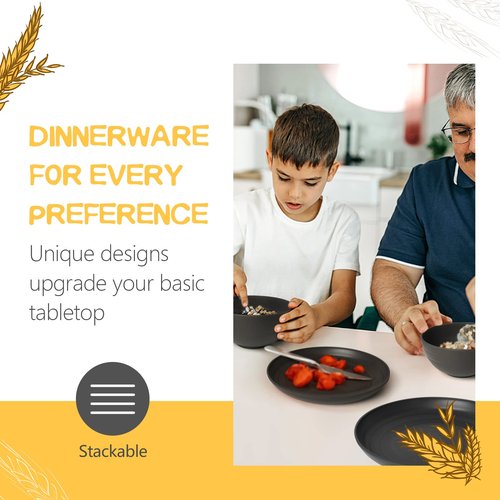 Teivio 32-Piece Kitchen Plastic Wheat Straw Dinnerware Set, Service for 8, Unbreakable Modern Dish Set - Dinner Plate/Dessert Plate/Cereal Bowl/Cup, for Apartment Essentials, Outdoor Camping,Black