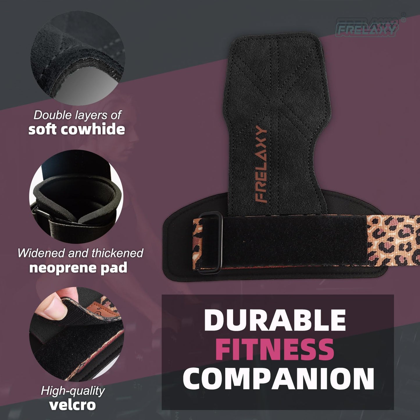 Frelaxy Lifting Wrist Straps Women and Men, Weight Lifting Grips with Cushion Wrist Loop, Double Layer Leather and Storage Pouch, Gym Workout Straps for Deadlift and Powerlifting (Black/Leopard)