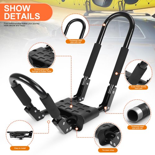 Ediors Folding Kayak Roof Rack 2 Pairs, 4pcs J-Bar Car Roof Racks for Kayak, Canoe, Paddle Boards, Skiboard, Surfboard, Foldable Kayak Roof Carrier for Car, SUV, Truck, Black (Folding Kayak Rack)