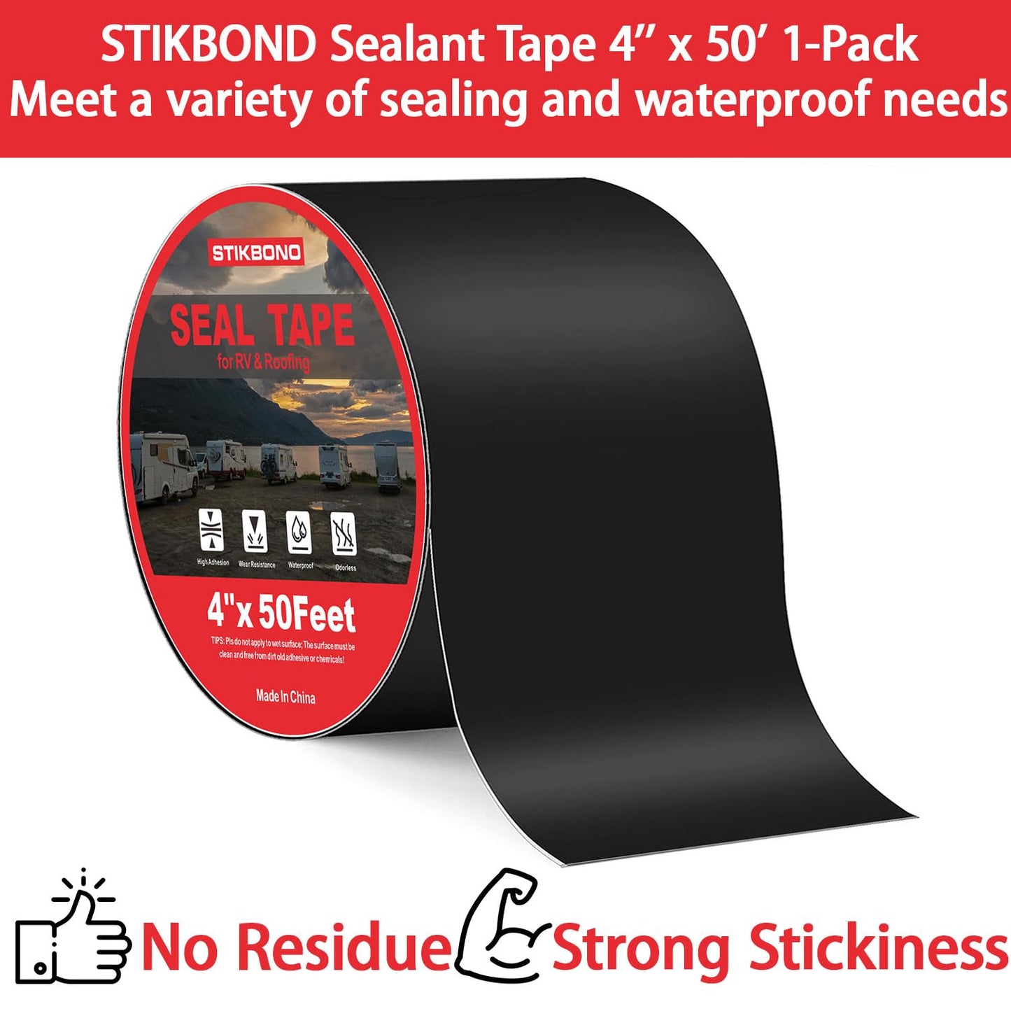 STIKBOND 4" x 50Ft 1-Pack Black RV Sealant Tape,Waterproof Commercial Roof Tape for Walls, Appliances, Vehicle Repairs, and Weatherproof