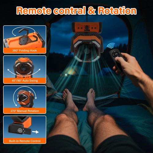 Wifen Camping Fan with Remote & Timer - 20000mAh Dual-Blade Rechargeable Fan, Auto Oscillation, 270° Pivot Hook for Hurricane Emergency, Power Outage, Garage, Patio, RV Travel, Outdoor