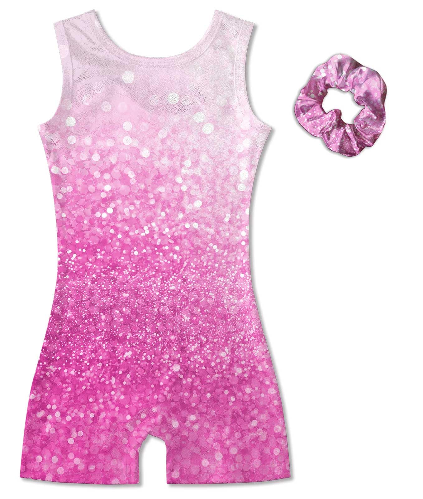 Vogseek 4 5 Years Girls Gymnastics Leotards with Hair Scrunchie Pink Sparkle Dots Active Biketards with Cover Shorts Girl's Cute Classic Ballet Unitards Sets,Pink Shiny