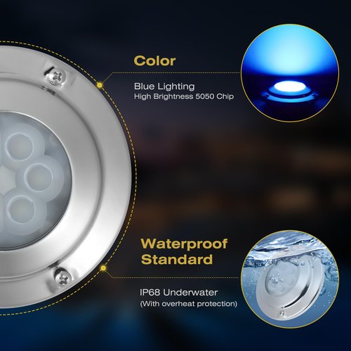 Goldlife 6,000LM Marine Underwater LED Light for Boat, B4-3 Blue, 4.3" 60W DC10-30V 6LED, Dimmable Color-Changing IP68 Submersible Boat Yacht Transom Pontoon Sailboat Light Surface Mount 316 Stainless