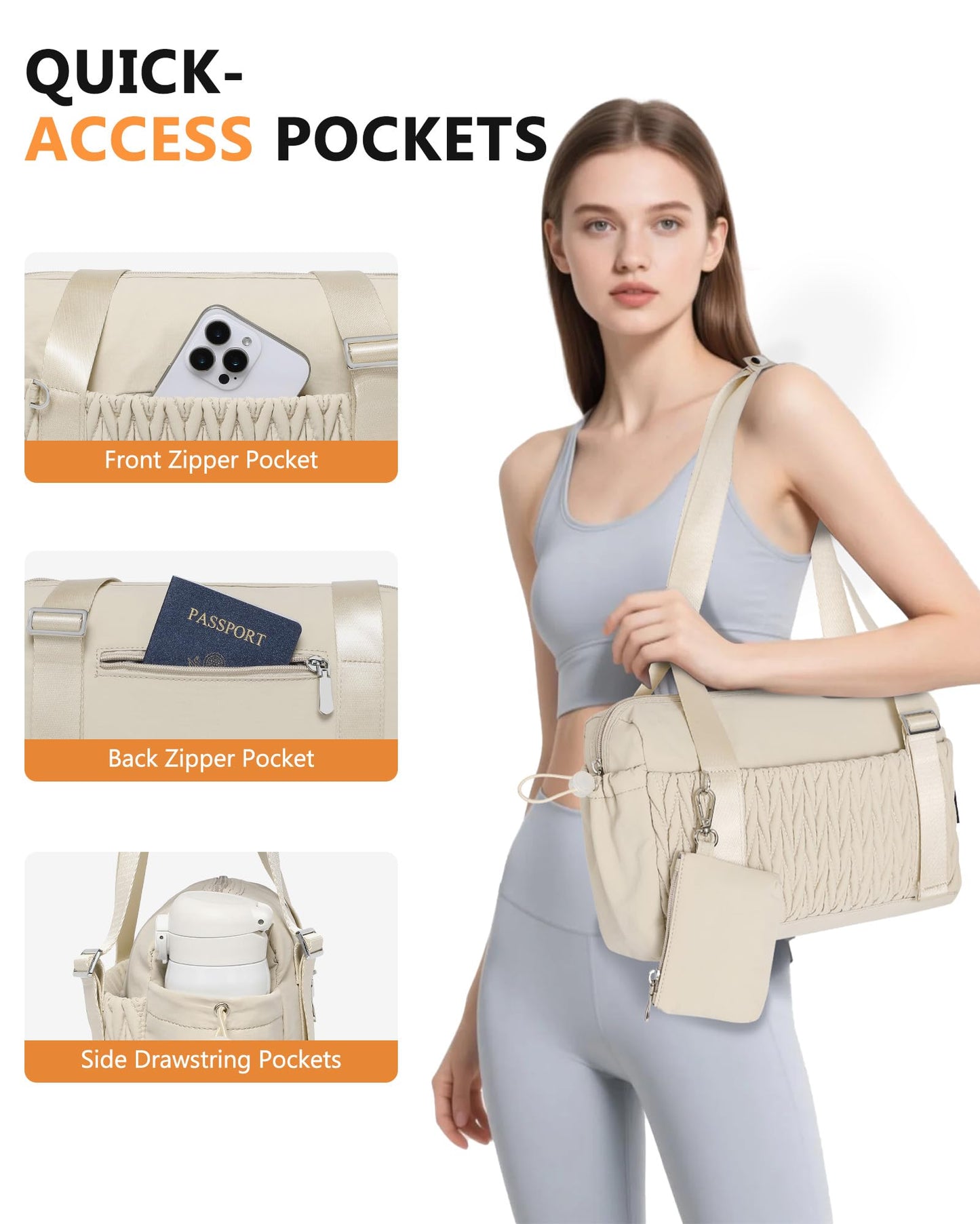 Small Gym Bag for Women Quilted Mini Tote with Wet Compartment and Coin Purse, Cute Duffle Bag for Girls Workout Sport Travel,Beige