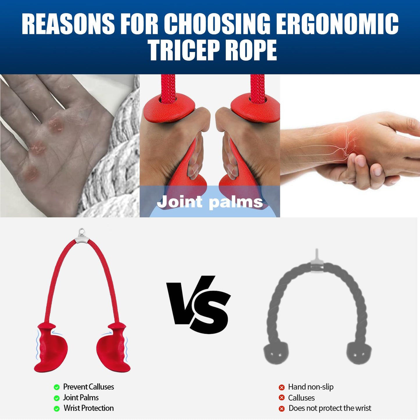 HXD-ERGO Tricep Rope with Ergonomic Handles, 36 Inch Tricep Pull Down Rope for Cable Machine, Pulley System, Triceps Rope Cable Attachment for Gym, Home (Red)