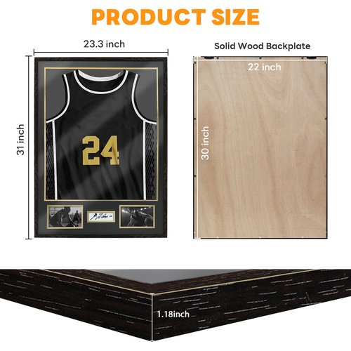 Jersey Frame Display Case for Football,Solid Wood Shadow Box with 98% UV Protection Acrylic,Two Photo Frame One Signature for Baseball, Basketball, Hockey, Uniforms - Black Walnut Finish