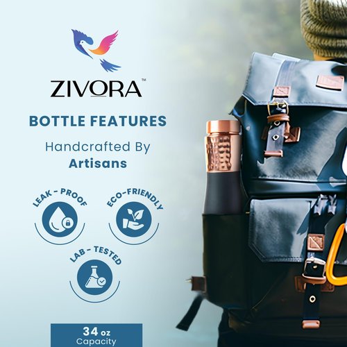 ZIVORA 100% Pure Copper Water Bottle - 34oz water bottle for Drinking with Sipper & Traditional Cap, Copper Straw, Canvas Bag & Cleaning Brush/Modern Lifestyle with Ayurvedic Benefits.