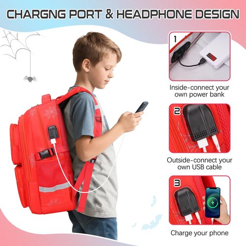 Jafeton School Backpack for Boys, 3 PCS Spider Boy Backpack Set with Lunch Box & Pencil Pouch, Waterproof Schoolbag for Boys Kids Children Teens, Elementary Middle School, Kids Bookbag Casual Daypack