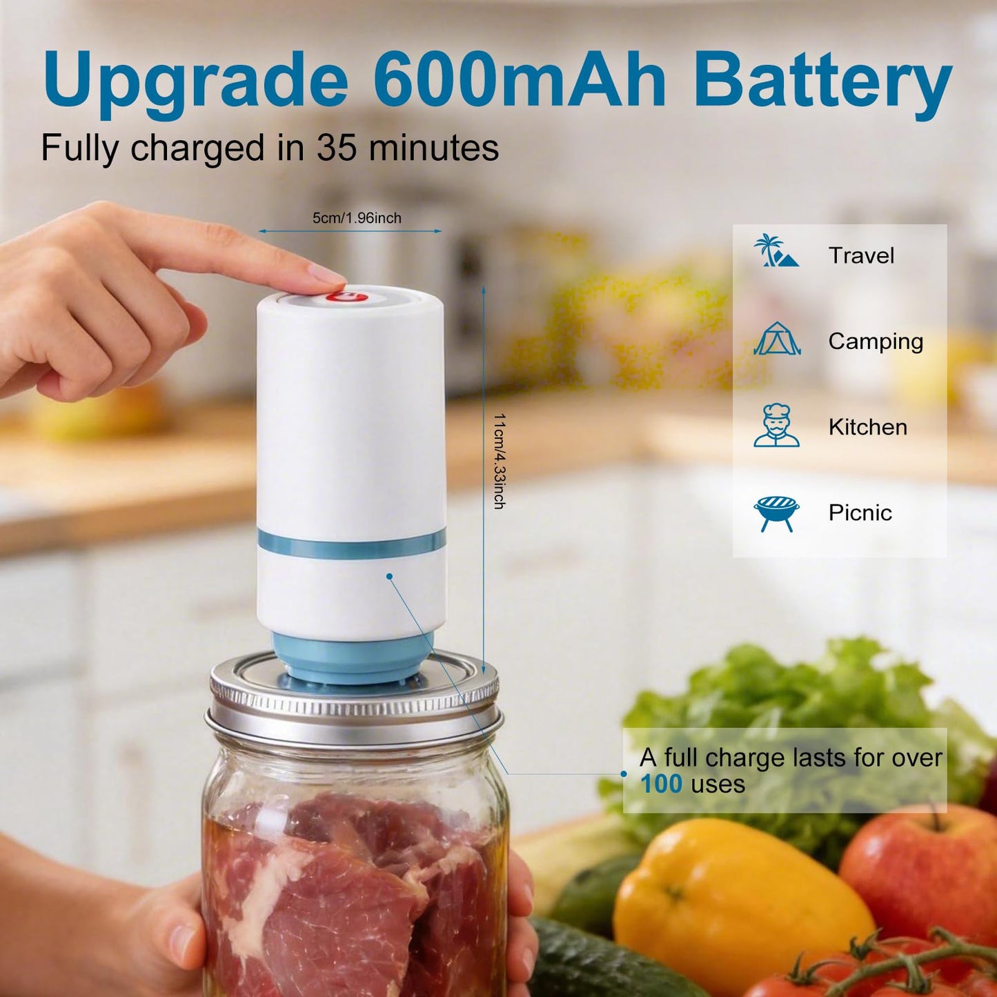Electric Mason Jar Vacuum Sealer Kit, Sunchic 2026 Portable Jar Vacuum Sealer, No Opener Needed, Fits Wide & Regular Mouth Jars, 12 Reusable Lids & 6 Sealing Rings, Food Storage Canning Machine