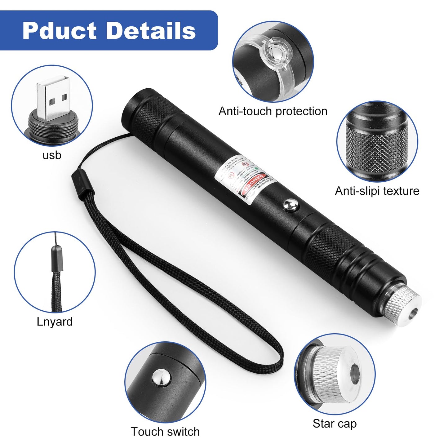 Damflew Green Laser Pointer High Power - Long Range Rechargeable Laser Beam, USB Charging for Hiking, Presentations & Outdoor Use (Professional-Grade Green Light)