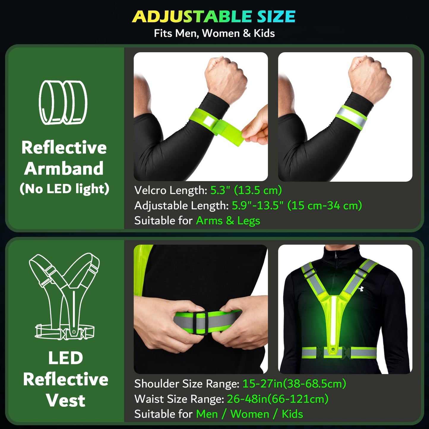 Led Light Up Running Vest Reflective Vest for runners night walking, Rechargeable LED Reflective Running Vest High Visibility with Adjustable Waist/Shoulde, Reflective Armband for Women Men (Green)
