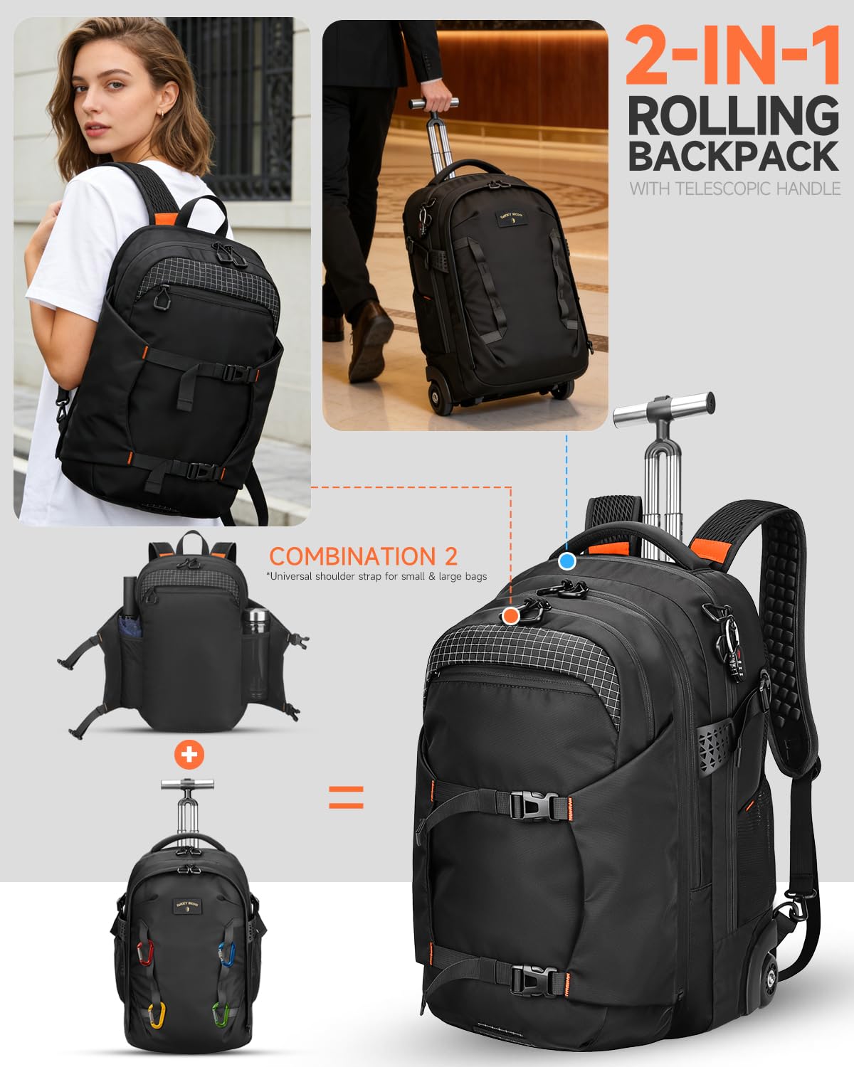 Rolling Backpack, 56L Large Backpacks with Wheels-Splits into Daypack & Laptop Backpack Fits 17 Inch Laptop,Water-Resistant & Carry-On Friendly for College,travel,camping,Weekender Hiking Black