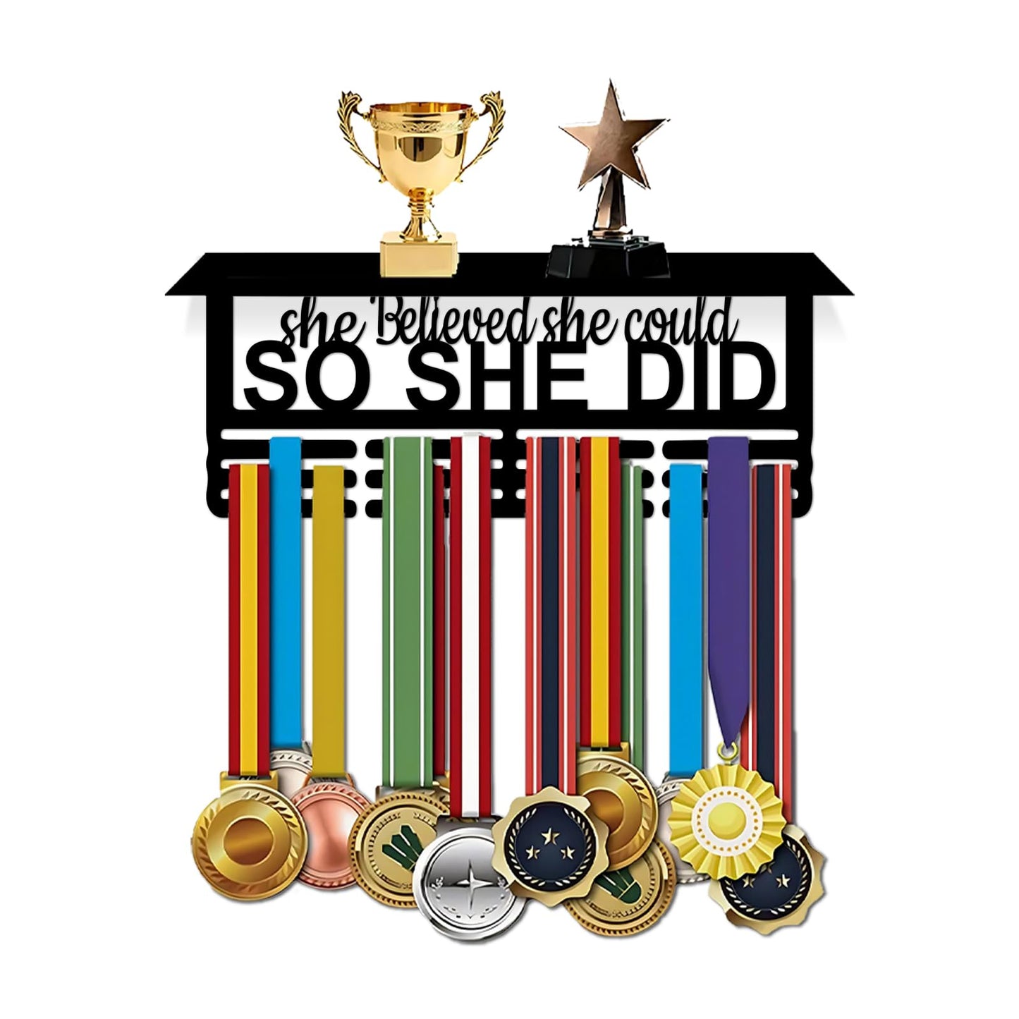 Resama Fashion Medal Hanger Holder Display Wall Rack Frame Shelf-Black Metal Medal Hanger with Trophy Shelf Awards Ribbon Cheer,Gymnastics,Soccer Easy to Install