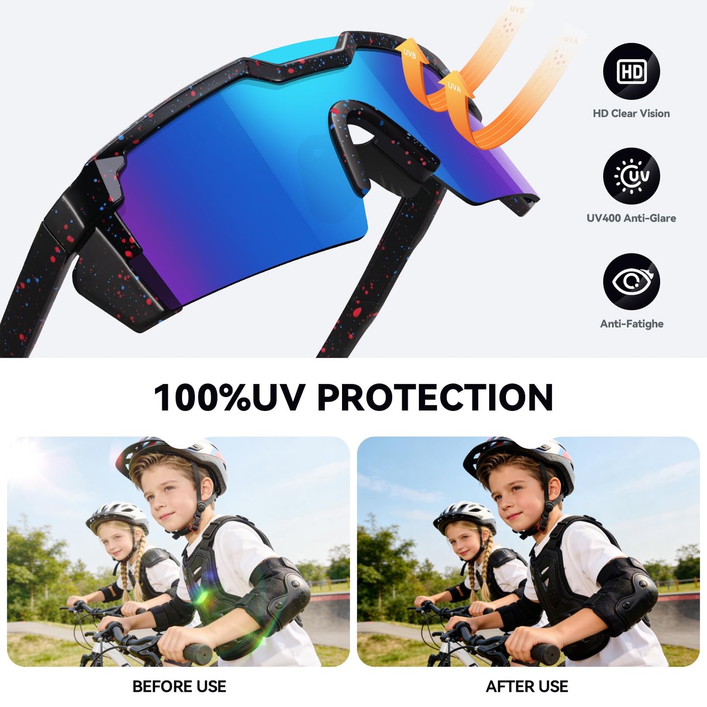 RSQQAV Kids Sunglasses Youth Baseball Sun Glasses for Boys Girls Cycling Sports UV Protection Goggles Ages 6-12