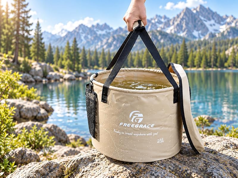 Freegrace 23L Collapsible Water Bucket with Lid – Khaki, With Lid, Portable Camping Wash Basin