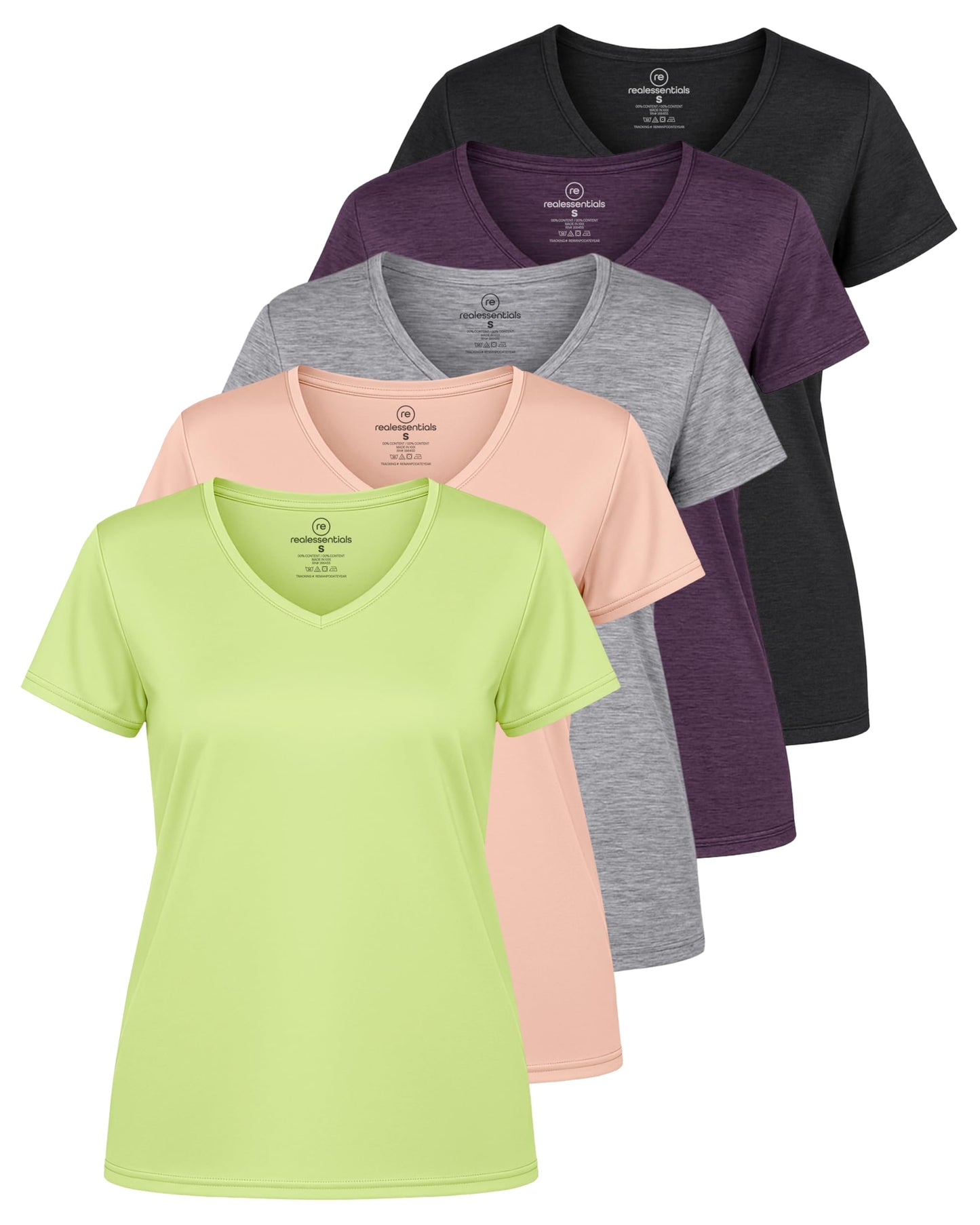 Real Essentials 5 Pack: Women's Dry-Fit Short Sleeve V Neck T Shirt Workout Fitness Yoga Top Tee (Available in Plus Size), Set 11, 3X