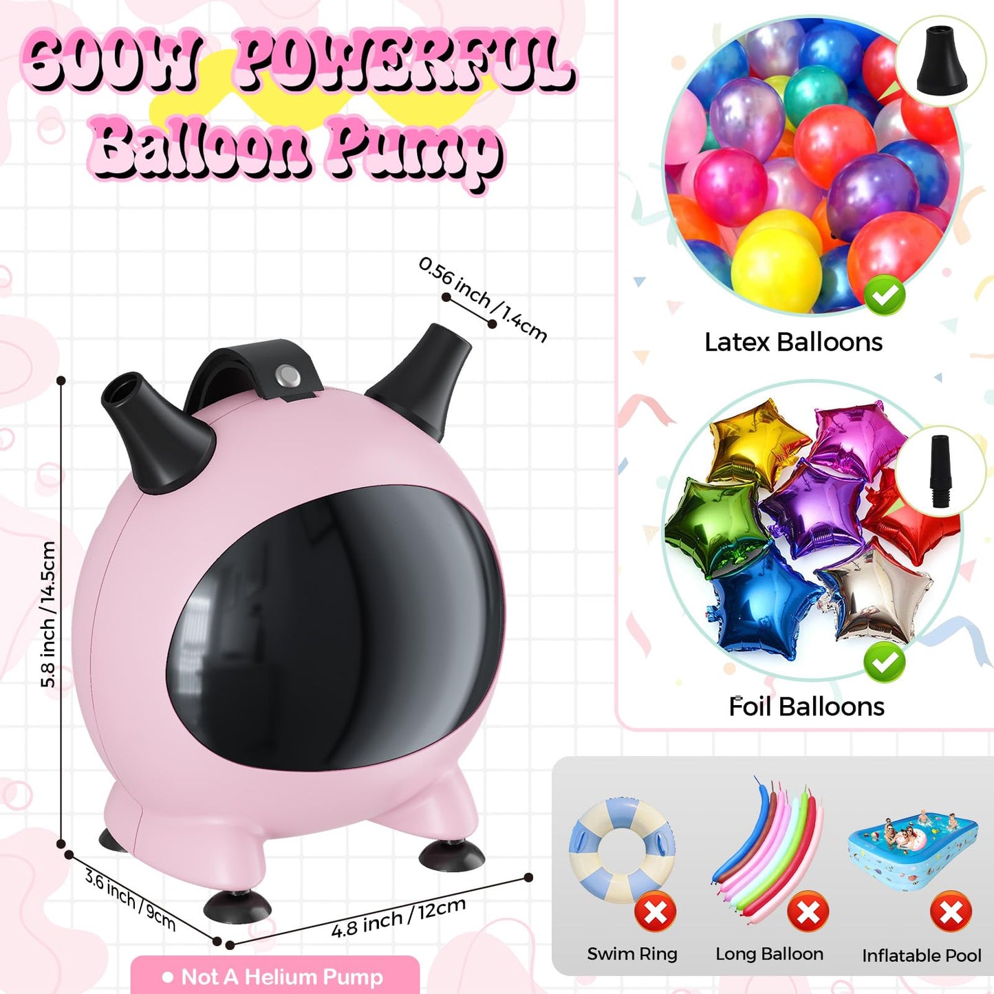 Togvu Small Balloon Pump, Portable Air Pump Machine for Balloons with Dual Nozzles, 110V 600W Electric Balloon Blower Pumping for Latex Garland Arch and Foil Balloons - Pink