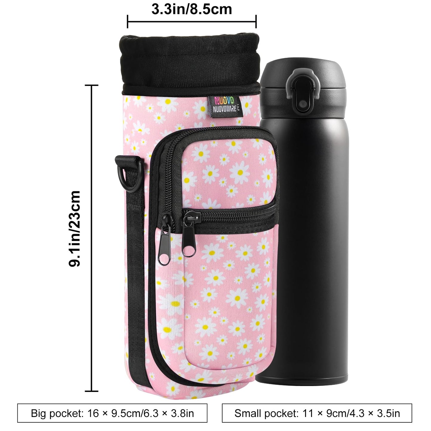 Nuovoware Water Bottle Carrier Bag, 25oz/32oz Bottle Pouch Holder, Adjustable Shoulder Hand Strap 2 Pocket Sling Neoprene Sleeve Sports Accessories for Hiking Travelling Camping, PinkDaisy