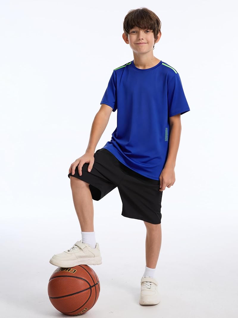 5 Pack Boys Athletic T-Shirts Dry Fit – Quick-Dry Active Tees with Variation: Black, Gray, Navy, Maroon, Mixed