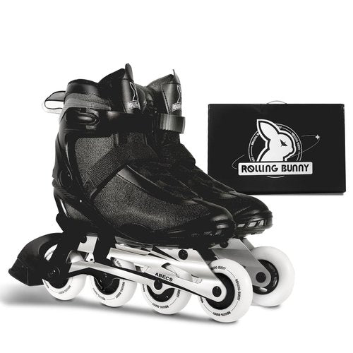 RollingBunny Inline Skates PRO for Adult Women - ABEC-9 Bearing with Breathable Lining for Male Female, Optional Brake, Size W 6-9, Black