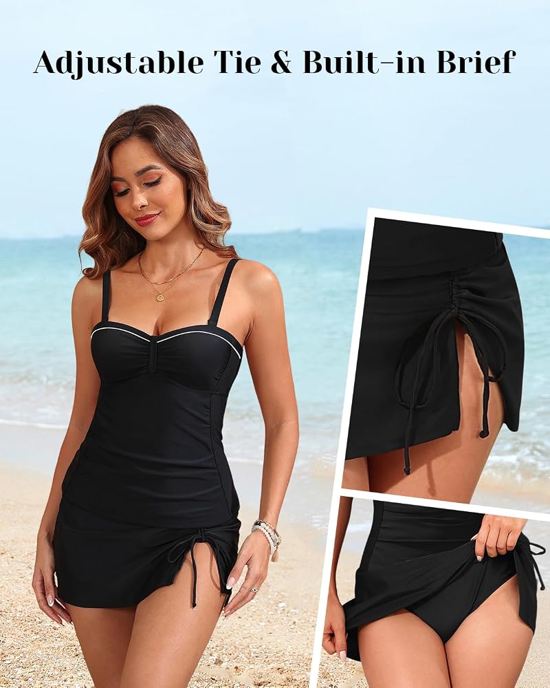 Women’s Underwire Tankini Swimsuit with Skirt, Tummy Control Bathing Suit - Black (Large)