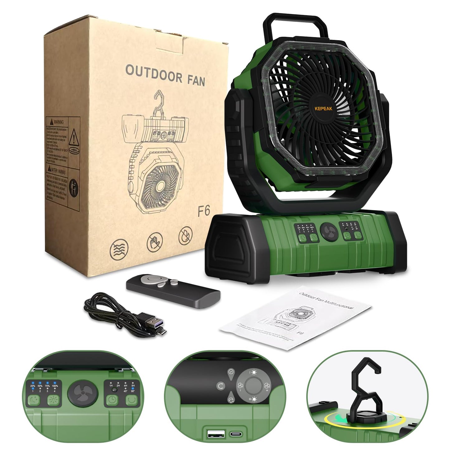 KEPEAK Rechargeable Camping Fan with LED Light, 20000Ah Battery Operated Powered Fan, 72H Runtime, Remote Control, 5.3m Airflow, Ultra-Quiet Portable Fan for Tents, Outdoor, Camping(Green)