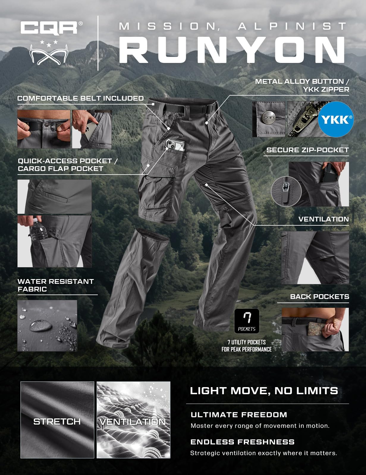 CQR Men's Convertible Cargo Tactical Pants, Water Resistant Outdoor Hiking Pants, Zip Off Lightweight Stretch Work Pants, Runyon Cargo W/Belt Charcoal, 34W x 32L